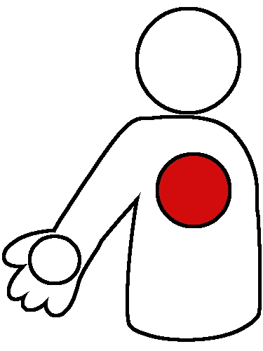  drawing of a white figure with their arm out, and a red circle on their chest.